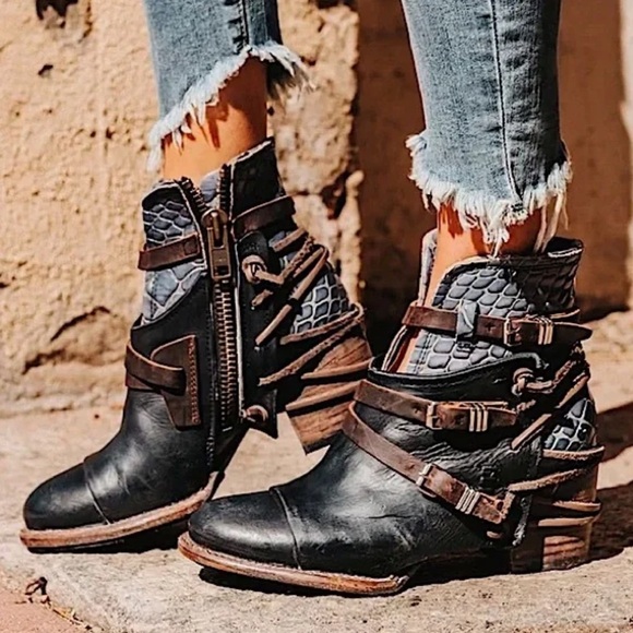 Freebird by Steven Shoes - Freebird by Steven | Women’s Black/Brown/Blue Leather Strappy Crue Ankle Boots 7